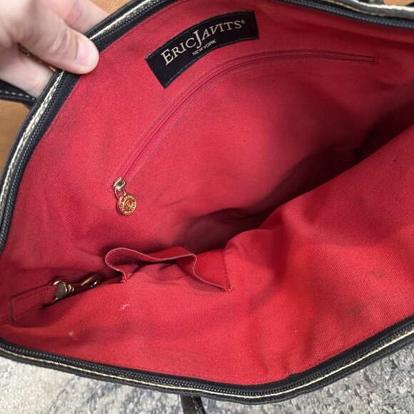 Eric Javits Stripe Black & Beige Straw Leather Tote Handbag - Picture 12 of 12